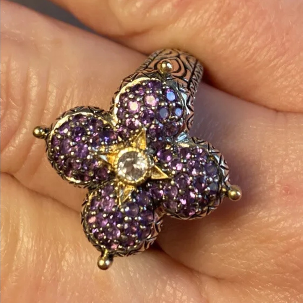 Barbara Bixby Ring W/ Amethyst Topaz & 18k Gold Flower Statement Ring Size 9